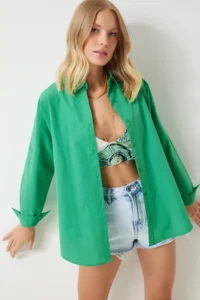 Happiness İstanbul Women Green Oversized LONG Basic Shirt - Image 2