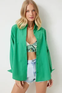 Happiness İstanbul Women Green Oversized LONG Basic Shirt - Image 3