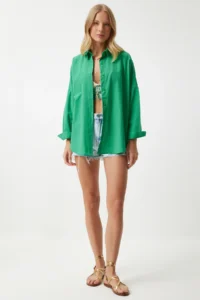 Happiness İstanbul Women Green Oversized LONG Basic Shirt - Image 4