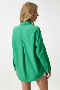 Happiness İstanbul Women Green Oversized LONG Basic Shirt - Image 6