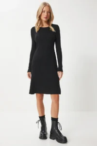 Happiness İstanbul Women's Black Crew Neck Ribbed Knitwear Dress - Image 2