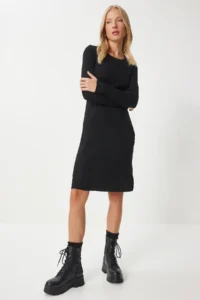 Happiness İstanbul Women's Black Crew Neck Ribbed Knitwear Dress - Image 3