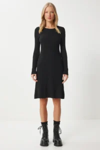 Happiness İstanbul Women's Black Crew Neck Ribbed Knitwear Dress - Image 5