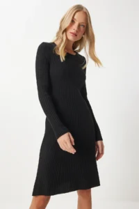 Happiness İstanbul Women's Black Crew Neck Ribbed Knitwear Dress - Image 6