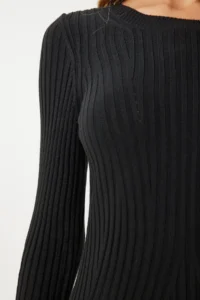 Happiness İstanbul Women's Black Crew Neck Ribbed Knitwear Dress - Image 7