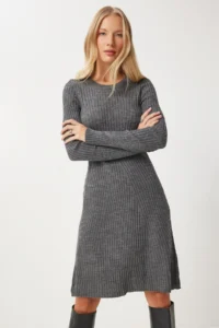 Happiness İstanbul Women's Gray Crew Neck Ribbed Knitwear Dress - Image 2