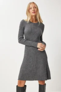 Happiness İstanbul Women's Gray Crew Neck Ribbed Knitwear Dress - Image 3