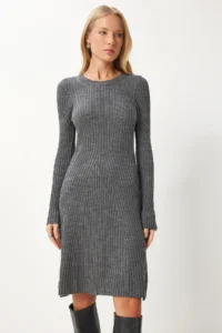Happiness İstanbul Women's Gray Crew Neck Ribbed Knitwear Dress - Image 4