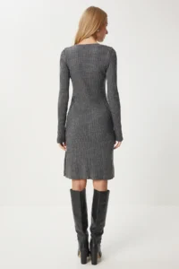 Happiness İstanbul Women's Gray Crew Neck Ribbed Knitwear Dress - Image 6