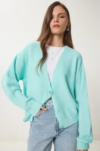 Happiness İstanbul Women Water Green V-neck buttoned Knitwear Cardigan