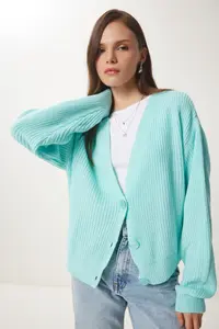Happiness İstanbul Women Water Green V-neck buttoned Knitwear Cardigan - Image 2