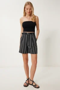 Happiness İstanbul Women Gray Striped Seasonal Weaving Shorts
