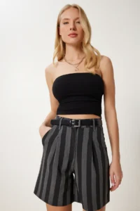 Happiness İstanbul Women Gray Striped Seasonal Weaving Shorts - Image 2