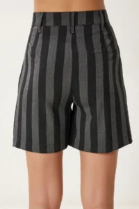 Happiness İstanbul Women Gray Striped Seasonal Weaving Shorts - Image 4