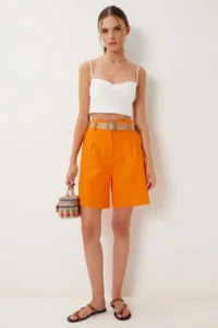 Happiness İstanbul Women's Orange Straw Belted City Length Gabardine Shorts