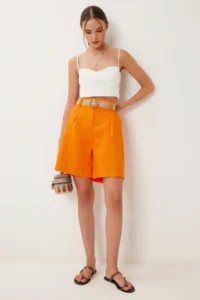Happiness İstanbul Women's Orange Straw Belted City Length Gabardine Shorts - Image 2
