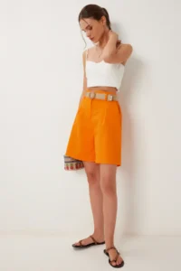 Happiness İstanbul Women's Orange Straw Belted City Length Gabardine Shorts - Image 3