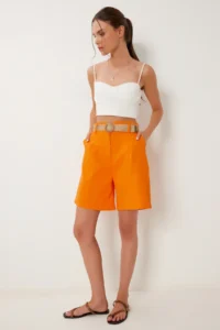 Happiness İstanbul Women's Orange Straw Belted City Length Gabardine Shorts - Image 4