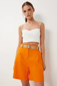 Happiness İstanbul Women's Orange Straw Belted City Length Gabardine Shorts - Image 5