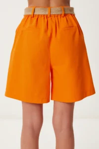 Happiness İstanbul Women's Orange Straw Belted City Length Gabardine Shorts - Image 6