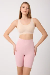 MİSTİRİK Porfy Model Anti-Slip Silicone Striped Biker Tights with Cuffs Light Pink Color090