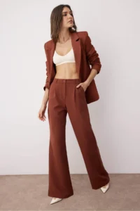TRENDYOLMİLLA Dark Brown High Waist Wide Leg/Wide Leg Pilili Weaving Dress Pants - Image 2