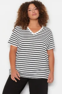 Trendyol Curve Black-White Striped V -Yaka Knitting T-Shirt