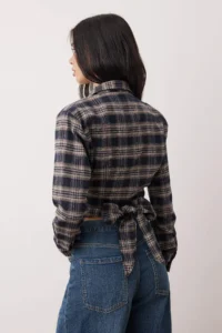 TRENDYOLMİLLA Brown-Multicolored Checkered Tie Back Flannel Shirt - Image 4