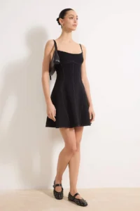 TRENDYOLMİLLA Black Mini Flexible Weaving Dress with Contrast Stitching Detail - Image 2