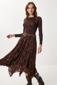 Lovelyİstanbul Velvet Patterned Asymmetric Tulle Skirt  BROWN - Image 3