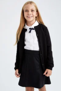 DeFacto Girls' Black Crew Neck Knitwear School Cardigan
