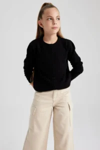 DeFacto Girl's Black Crew Neck Knitwear School Cardigan N8407a623au