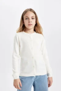DeFacto Girl's White Crew Neck Knitwear School Cardigan N8407a623au