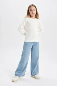 DeFacto Girl's White Crew Neck Knitwear School Cardigan N8407a623au - Image 2