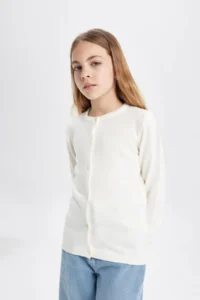DeFacto Girl's White Crew Neck Knitwear School Cardigan N8407a623au - Image 3