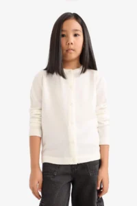 DeFacto Ecru Crew Neck Buttoned Basic Plain Knitwear School Cardigan for Girls (25 AU) - Image 3