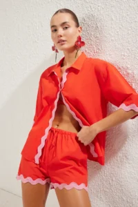 TRENDYOLMİLLA White Blue Stripe with accessories Beach Shirt Shorts Set - Image 2