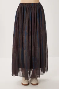 Lovelyİstanbul Patterned Wrinkle Effect Chiffon Skirt  BLUE KHAKI - Image 4