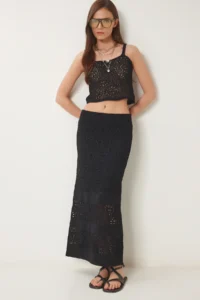Happiness İstanbul Women's Black Openwork Summer Knitwear Crop Skirt Set - Image 2