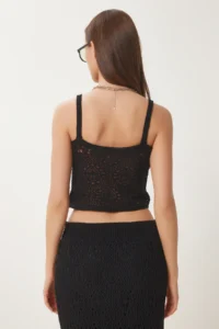 Happiness İstanbul Women's Black Openwork Summer Knitwear Crop Skirt Set - Image 6