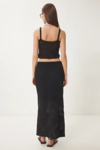 Happiness İstanbul Women's Black Openwork Summer Knitwear Crop Skirt Set - Image 7