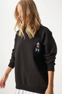 Happiness İstanbul Women's Black Embroidered Coat of Arms Oversized Sweatshirt - Image 2