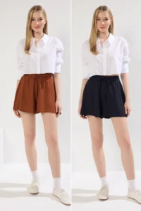 TRENDYOLMiLLA Navy Blue-Brick Rejection Crepe relaxed/Rahat Pattern Short Flexible Knitting  Shorts & Bermuda