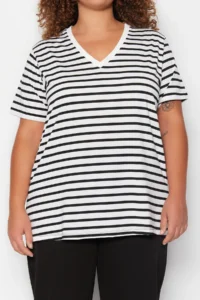 Trendyol Curve Black-White Striped V -Yaka Knitting T-Shirt - Image 3
