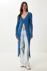 Happiness İstanbul Women's Indigo Blue Washed Long Knitwear Cardigan