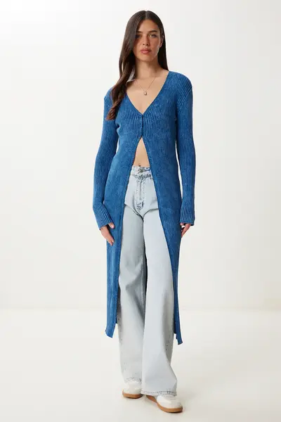 Happiness İstanbul Women's Indigo Blue Washed Long Knitwear Cardigan