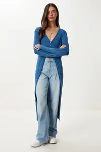 Happiness İstanbul Women's Indigo Blue Washed Long Knitwear Cardigan - Image 2