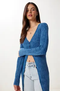 Happiness İstanbul Women's Indigo Blue Washed Long Knitwear Cardigan - Image 3