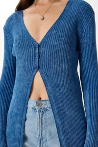 Happiness İstanbul Women's Indigo Blue Washed Long Knitwear Cardigan - Image 4