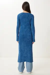 Happiness İstanbul Women's Indigo Blue Washed Long Knitwear Cardigan - Image 5